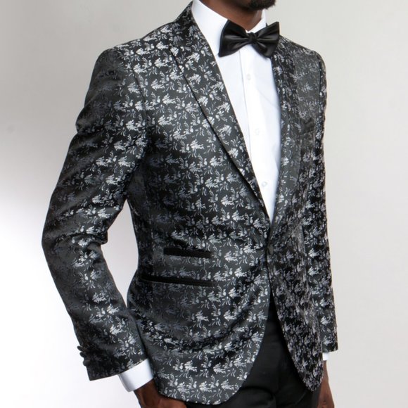Men's Floral Blazer Slim-Fit Jacket, Black/Silver - Picture 1 of 2